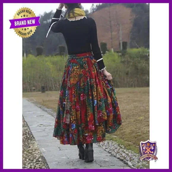 Elastic Waist A-Line Maxi Skirt Cotton Lined Pleated Retro Style